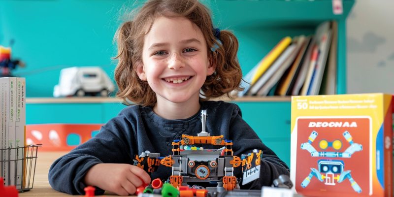 Niña sonriendo mientras construye un robot educativo en un entorno de aprendizaje creativo